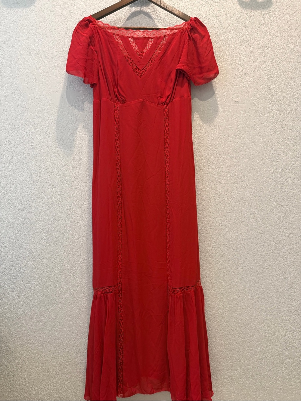 Reformation Red Lace-Trim Midi Dress